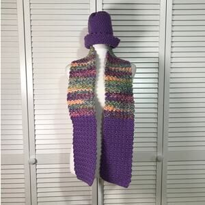 NWT Handmade Crocheted Purple Multicolor Textured Beanie & Scarf 58”